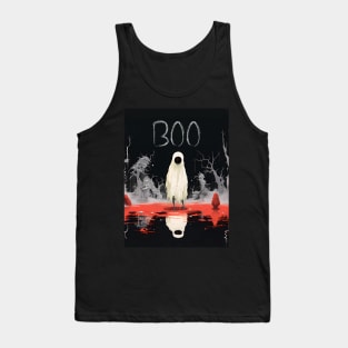 Halloween Boo 2: The White Sheet Ghost with Red Eyes Said "Boo" on a Dark Background Tank Top